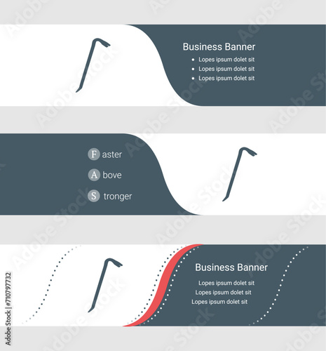 Set of blue grey banner, horizontal business banner templates. Banners with template for text and crowbar symbol. Classic and modern style. Vector illustration on grey background