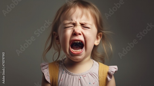 cute little baby girl child crying and screaming isolated, childhood, unhappy, emotion, sad, sadness, pain photo