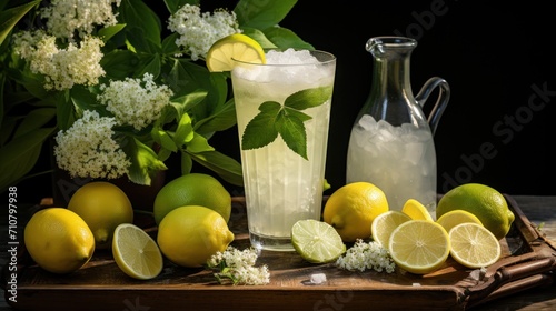  a pitcher of lemonade next to lemons and limes on a cutting board with a pitcher of lemonade in the background.