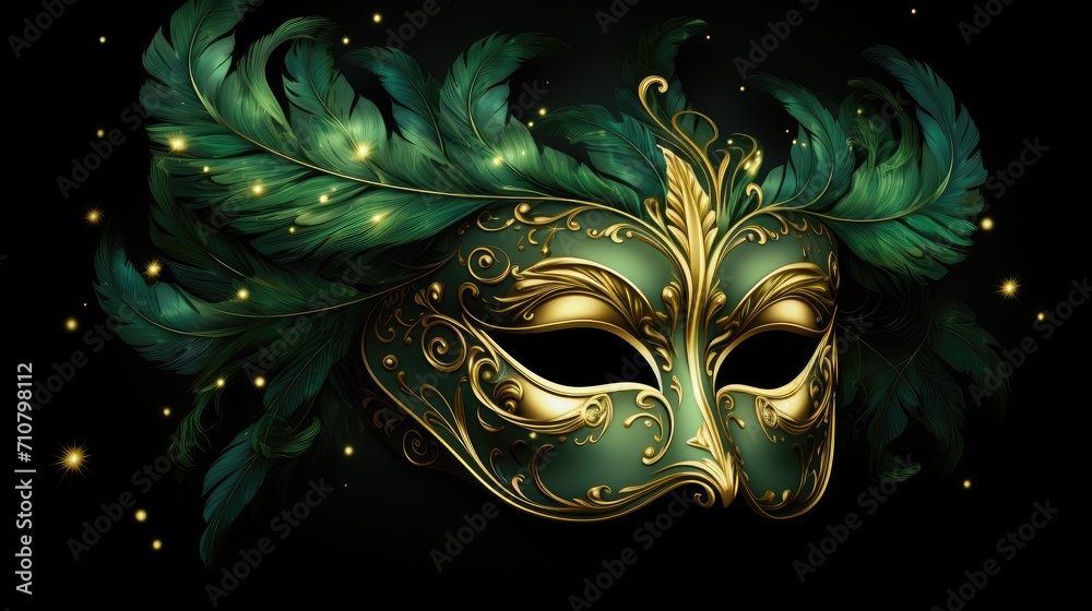 Enigmatic Venetian Mask Adorned with Gold and Emerald Feathers in Darkness - Generative AI