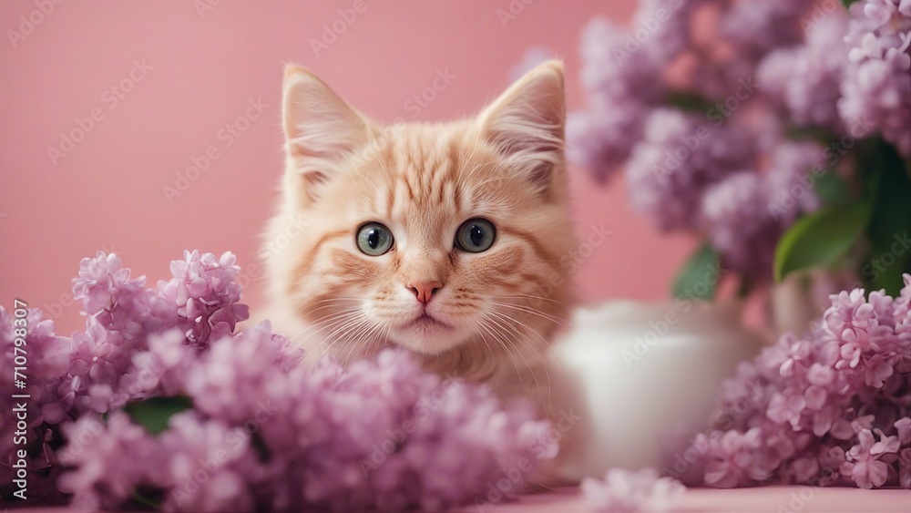 cat and flowers  gallant red kitten with a soft, fluffy coat, posing elegantly beside a bouquet of fragrant lilacs,   