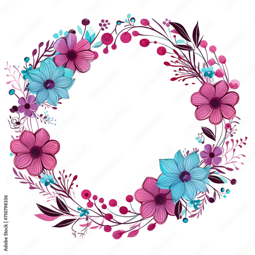 Isolated on a white background, a watercolor wildflower flower wreath creates a spring arrangement for texture, wrapper, frame, or border.