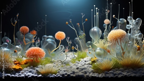  an underwater scene of corals and sea urchins in an aquarium with water bubbles and corals on the bottom of the water. photo