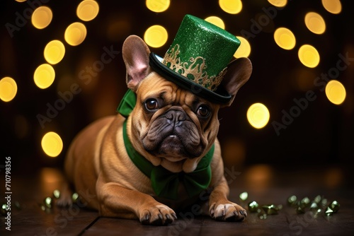 Charming French Bulldog in St. Patrick's Day Attire with a Lucky Shamrock Hat - Generative AI © Gelpi