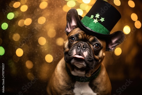 Charming French Bulldog in St. Patrick's Day Attire with a Lucky Shamrock Hat - Generative AI