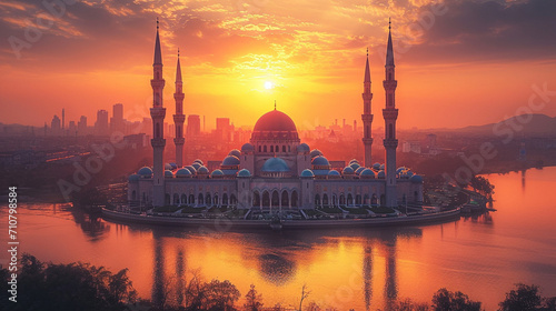 A breathtaking aerial view of a beautiful mosque at sunset, its majestic minarets and domes casting long shadows against the warm hues of the sky, creating a serene and captivating