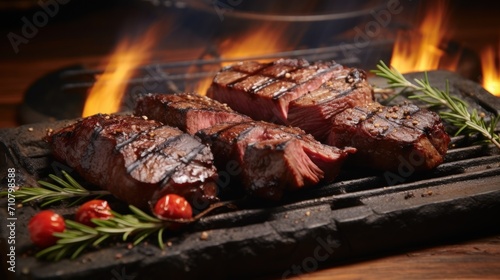  a close up of steaks on a grill with a fire in the backgroung in the background.