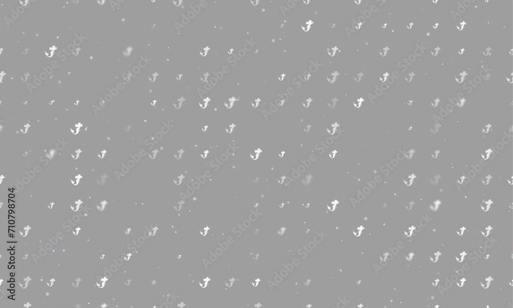 Seamless background pattern of evenly spaced white mermaid symbols of different sizes and opacity. Vector illustration on gray background with stars