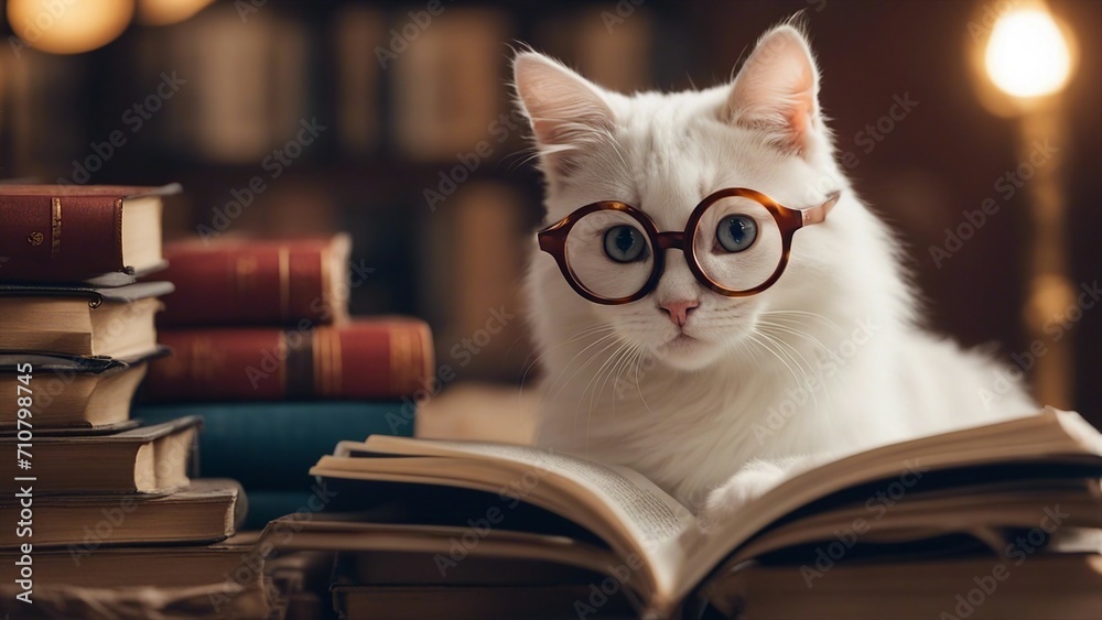 cat with book A comical kitten with oversized glasses, sitting atop a pile of classic novels, pretending to read cat with book A comical kitten with oversized glasses, sitting atop a pile of classic novels, pretending to read