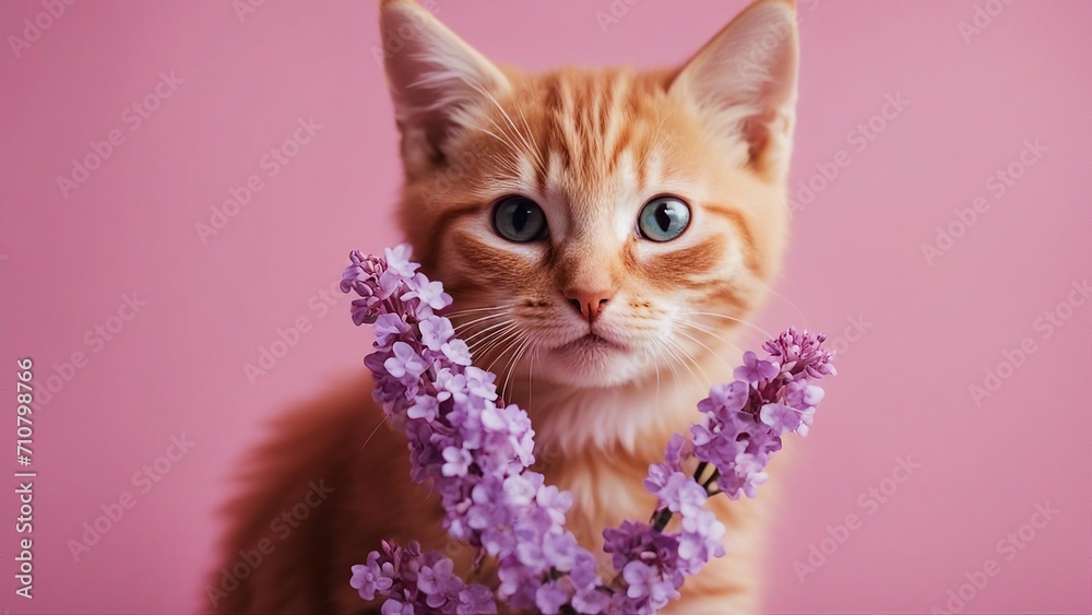 cat on pink background Portrait of red kitten with lilac bouquet on pink background 