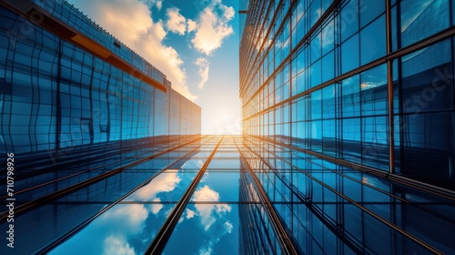 Modern office building or business center. High-rise window buildings made of glass reflect the clouds and the sunlight. empty street outside  wall modernity civilization. growing up business