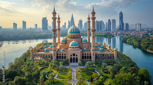 A panoramic shot of a mosque nestled in the heart of a bustling city, with contemporary architecture blending seamlessly with traditional elements, highlighting the intersection of photo