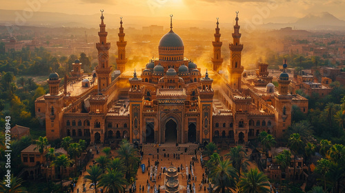 An aerial perspective of a mosque's courtyard during a vibrant sunrise, with the warm colors of the sky reflecting on the mosque's facades, capturing the magical transition from ni