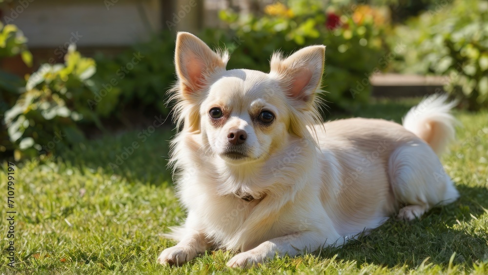 Cream long coat chihuahua dog lying outside in the garden Cream long coat chihuahua dog lying outside in the garden