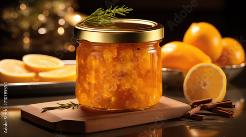  a jar of orange marmalade sits on a cutting board next to sliced oranges and cinnamon sticks on a table.