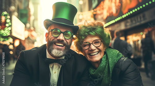 Contemporary adult man and woman in green hats and St. Patrick's Day suits looking at the camera and smiling