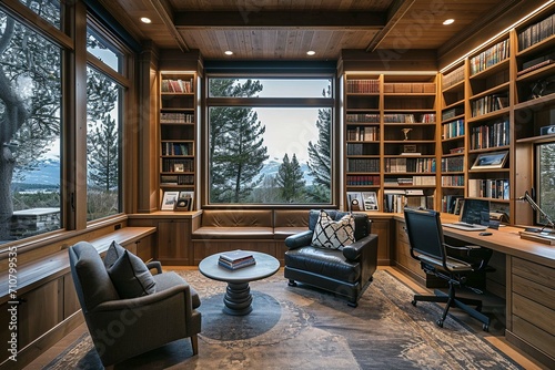 Stylish home office or library with custom built in bookshelves, comfortable seating, and inspiring views for a tranquil workspace © Areesha