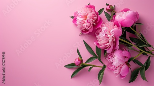 a bouquet of peonies on a pink background, presenting the perfect concept for Mother's Day, Valentine's Day, and birthday celebrations, with copy space is ideal for a greeting card. © lililia