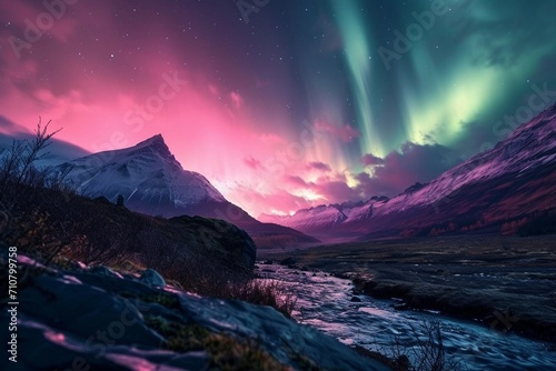 A northern lights scene with neon magenta veins in the aurora 