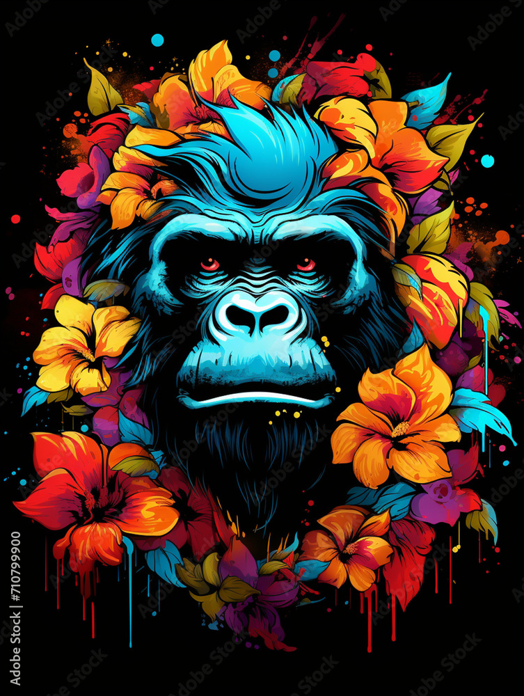 t-shirt design, ink gorilla, in the style of flowerpunk, realistic color palette created with Generative Ai t-shirt design, ink gorilla, in the style of flowerpunk, realistic color palette created with Generative Ai