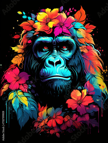 t-shirt design  ink gorilla  in the style of flowerpunk  realistic color palette created with Generative Ai
