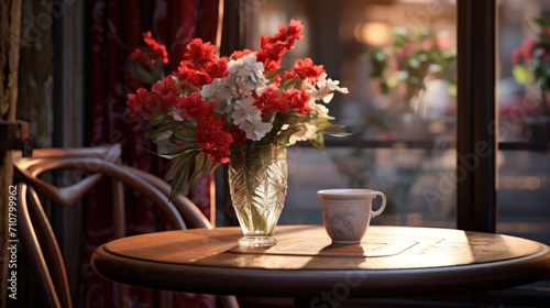 a vase filled with red and white flowers sitting on top of a wooden table next to a glass vase filled with red and white flowers.