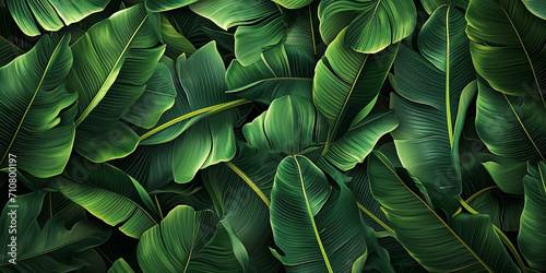 Floral background of dark green tropical leaves close up. Natural foliage texture. Flat lay, illustration, wallpaper, banner. Tropical nature concept