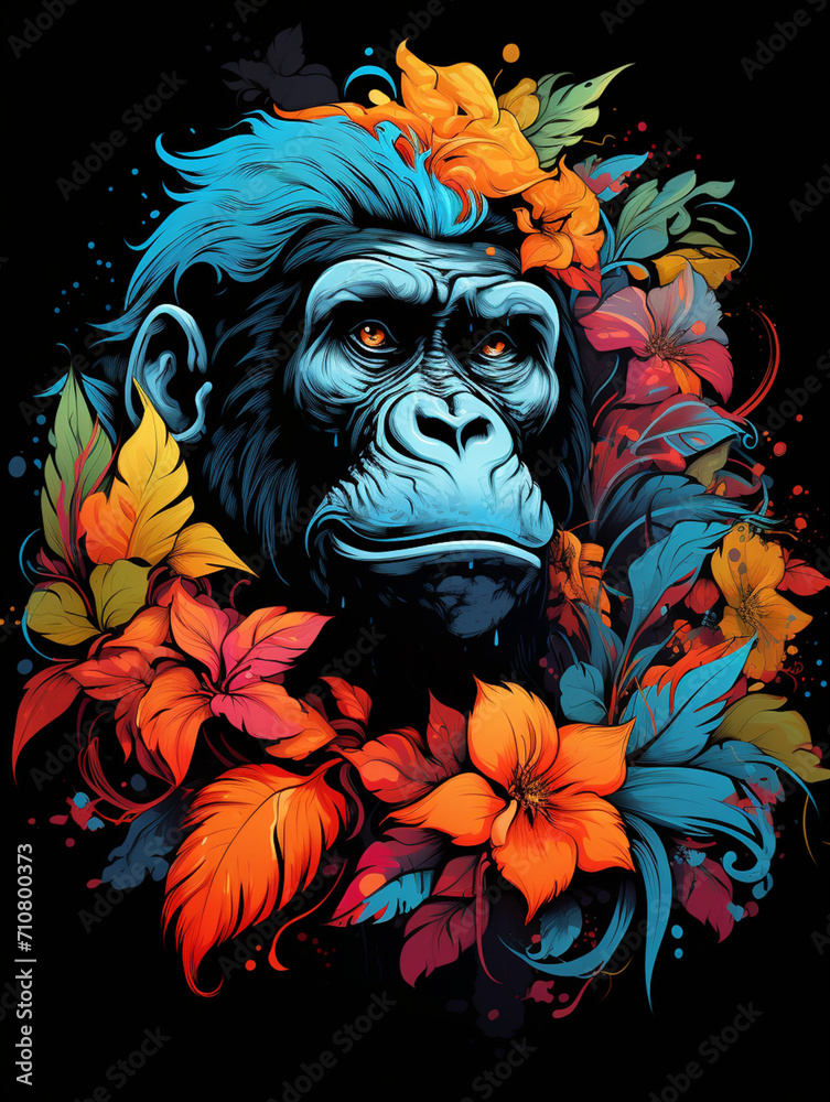t-shirt design, ink gorilla, in the style of flowerpunk, realistic color palette created with Generative Ai t-shirt design, ink gorilla, in the style of flowerpunk, realistic color palette created with Generative Ai