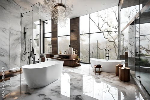 A spa-like bathroom retreat in a luxury home with a freestanding soaking tub  rainfall shower  and floor-to-ceiling marble tiles.