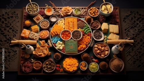  a platter filled with lots of different types of cheese and crackers next to bowls of fruit and nuts. © Olga
