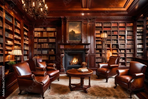 A cozy yet elegant library in a luxury home with rich mahogany bookshelves, leather armchairs, and a fireplace for reading by the fire.