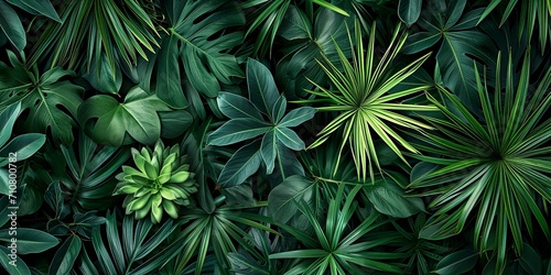 Group background of dark green tropical leaves close-up (monstera, palm, coconut leaf, fern, palm leaf, banana leaf, succulents). Natural foliage texture. Flat lay illustration, wallpaper