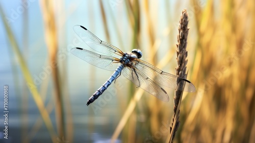  a blue and black dragonfly sitting on top of a tall stalk of grass next to a body of water.