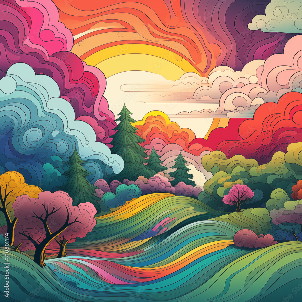 2D rainbow color lanscapw with river, cartoon, abstract, colorful