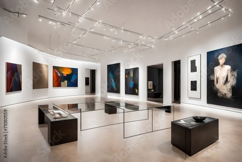 A contemporary art gallery space in a luxury home with minimalist design, track lighting, and rotating art installations.