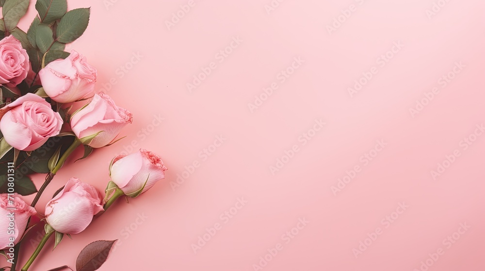 the Women's Day concept, showcasing pink peony rose buds and sprinkles arranged on an isolated pastel pink background with copyspace, a minimalist modern style for a visually appealing scene.