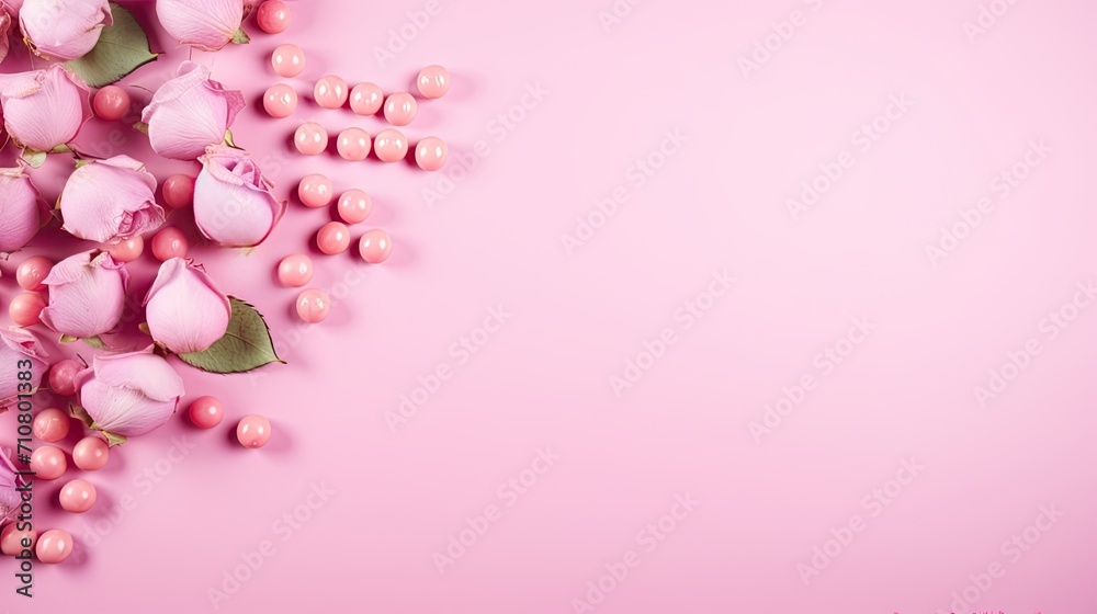 the Women's Day concept, showcasing pink peony rose buds and sprinkles arranged on an isolated pastel pink background with copyspace, a minimalist modern style for a visually appealing scene.