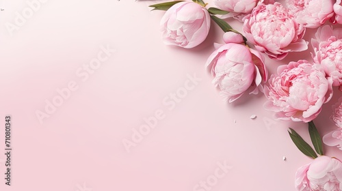 the Women's Day concept, showcasing pink peony rose buds and sprinkles arranged on an isolated pastel pink background with copyspace, a minimalist modern style for a visually appealing scene. © lililia