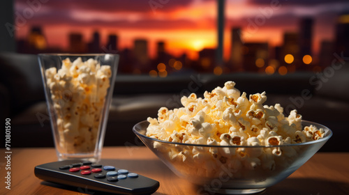 Close up of bowl of popcorn and remote control with tv works on background. Evening cozy watching a movie or TV series at home.