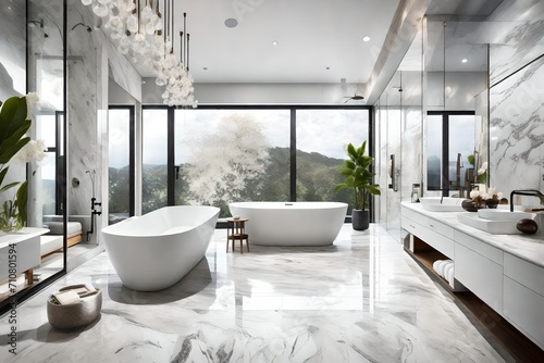 A spa-like bathroom retreat in a luxury home with a freestanding soaking tub, rainfall shower, and floor-to-ceiling marble tiles.