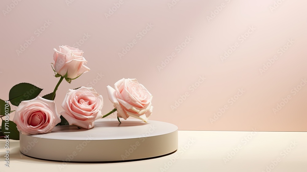 product display and business concepts, featuring a product podium adorned with fresh pink rose flowers on a pastel background, an elegant beauty concept, presented in a minimalist modern style. product display and business concepts, featuring a product podium adorned with fresh pink rose flowers on a pastel background, an elegant beauty concept, presented in a minimalist modern style.