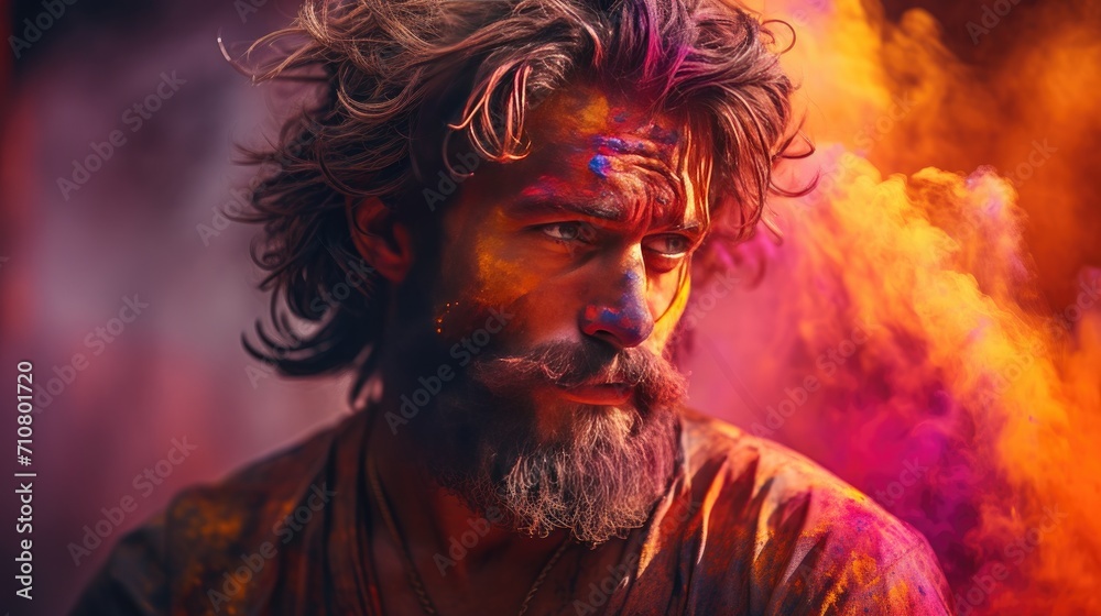 Man With Long Hair and Beard Covered in Paint Holding a Paintbrush, Holi