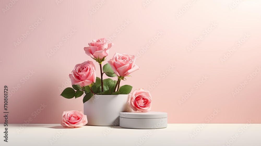 product display and business concepts, featuring a product podium adorned with fresh pink rose flowers on a pastel background, an elegant beauty concept, presented in a minimalist modern style. product display and business concepts, featuring a product podium adorned with fresh pink rose flowers on a pastel background, an elegant beauty concept, presented in a minimalist modern style.