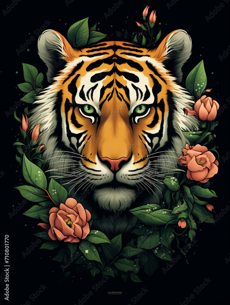 t-shirt design, an up and down stok style lg t shirt with a head of a tiger and some flowers, in the style of realistic and hyper-detailed renderings created with Generative Ai - obrazy, fototapety, plakaty 