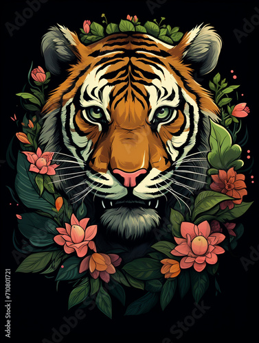 t-shirt design  an up and down stok style lg t shirt with a head of a tiger and some flowers  in the style of realistic and hyper-detailed renderings created with Generative Ai