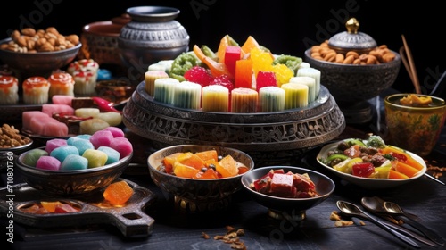  a table topped with lots of different types of desserts and bowls of food on top of a wooden table. © Olga