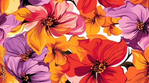  a bunch of flowers that are on top of a white surface with orange  pink  and purple flowers on it.