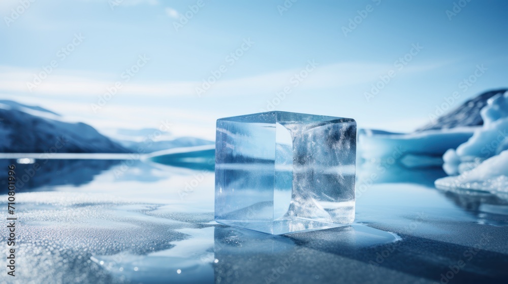 a large ice block sitting on top of a frozen lake next to a mountain covered in snow and ice floes. a large ice block sitting on top of a frozen lake next to a mountain covered in snow and ice floes.