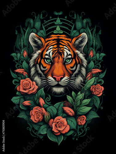 t-shirt design, an up and down stok style lg t shirt with a head of a tiger and some flowers, in the style of realistic and hyper-detailed renderings created with Generative Ai