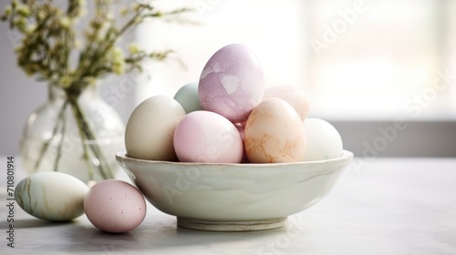  a bowl filled with eggs sitting on top of a table next to a vase filled with pink and white eggs.